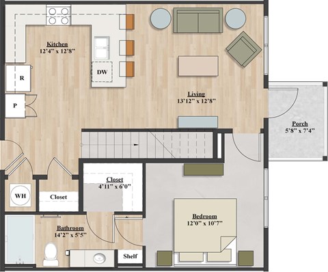 Floor plan for 1 bed, 1 bath, 1011 sqft